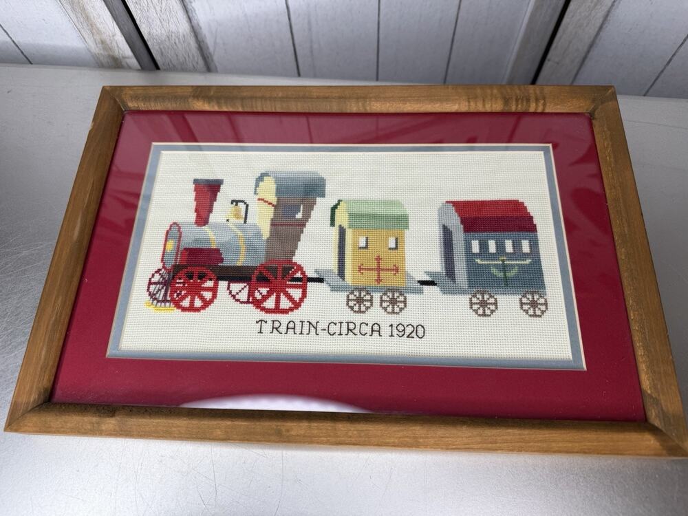 Vintage Cross Stitch Framed Nursery Decor Train Needlework Art 14x9in